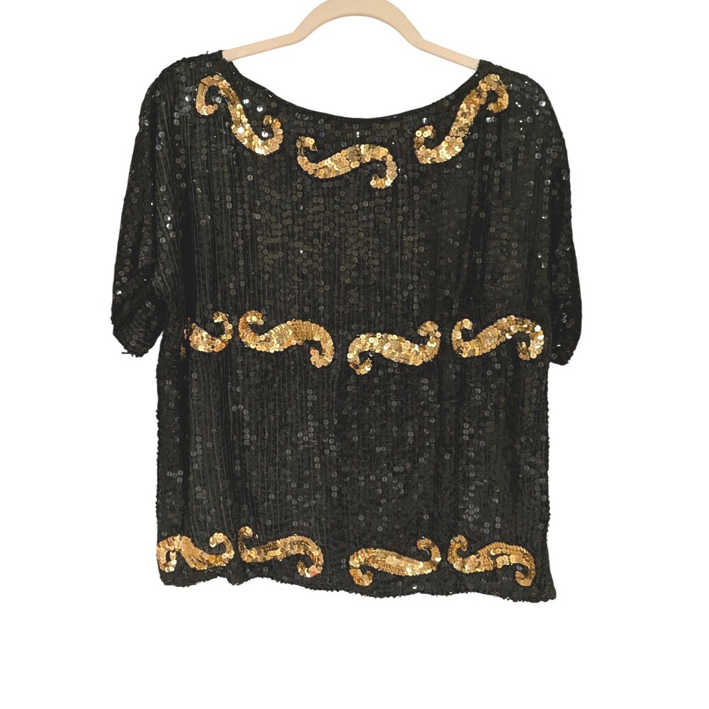 Black Gold Sequin Glamour‎ Top Silk 100% Evening Party Glam Vintage 80s